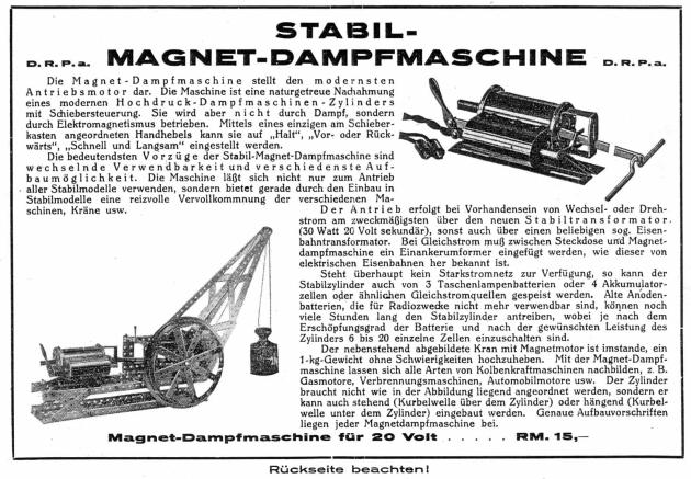 Beiblatt mit Beschreibung der Magnet-Dampfmaschine