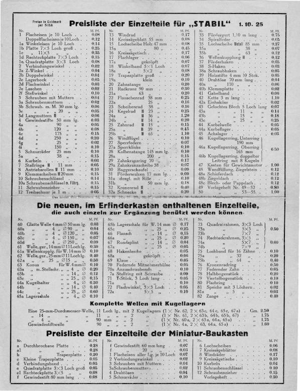 Gesamtpreisliste vom 1. Oktober 1925, Rückseite Gesamtpreisliste vom 1. Oktober 1925, Rückseite