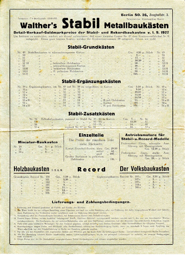 Gesamtpreisliste vom 1. September 1927, Vorderseite Gesamtpreisliste vom 1. September 1927, Vorderseite