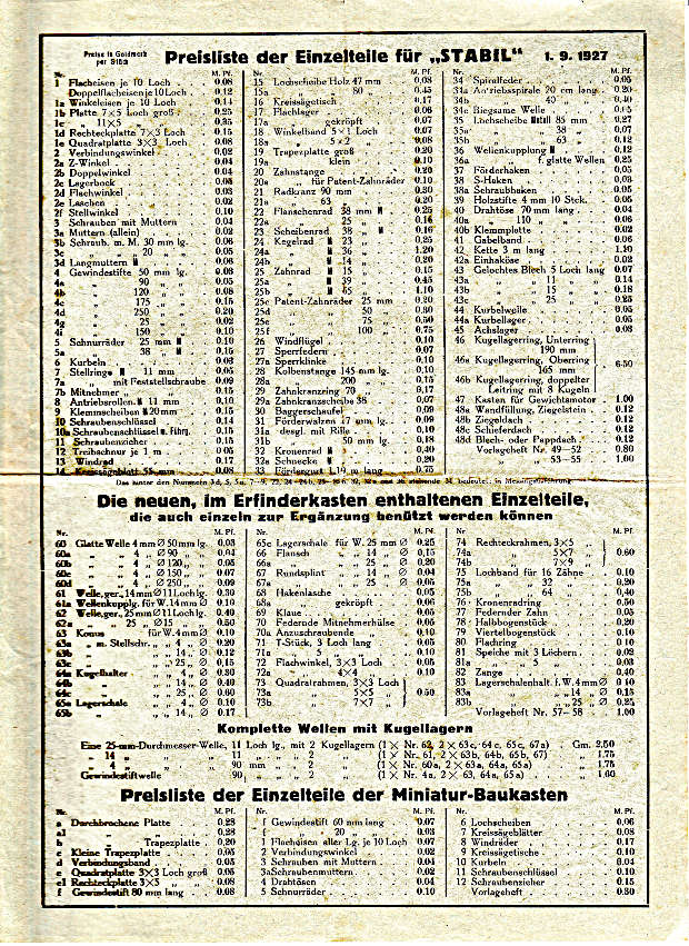 Gesamtpreisliste vom 1. September 1927, Rückseite Gesamtpreisliste vom 1. September 1927, Rückseite