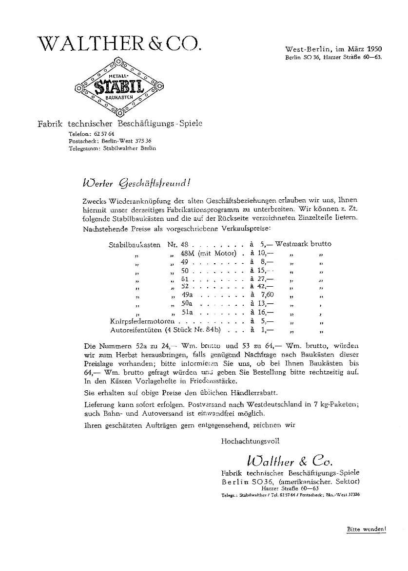 Vorderseite Gesamtpreisliste von 1950 Vorderseite Gesamtpreisliste von 1950