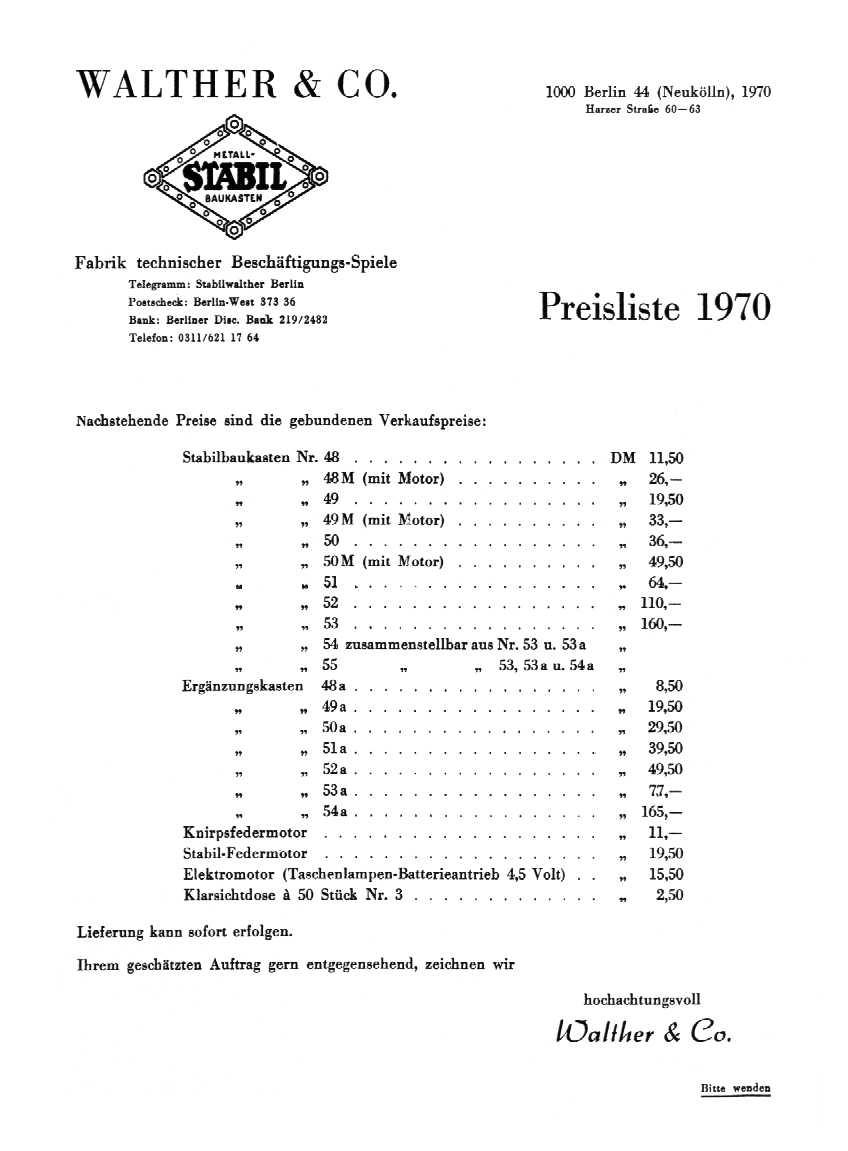 Vorderseite Gesamtpreisliste von 1970 Vorderseite Gesamtpreisliste von 1970